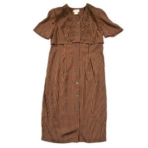 Vintage Lady Dorby Vintage Brown Striped Button Front Midi Dress Plus Size 20W